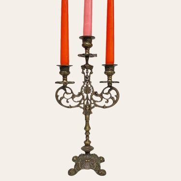 Vintage Candelabra Retro 1980s Art Nouveau + Ornate + 13.75" H + Gold Metal + Tiered + Holds 3 Candlesticks + Candle Display + Home Decor 