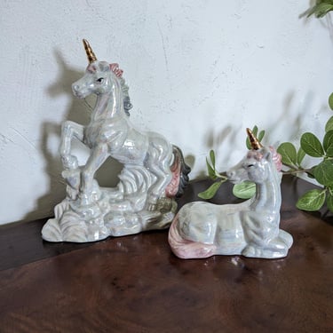 Pair of Vintage Ceramic Lusterware Unicorns Figurines 