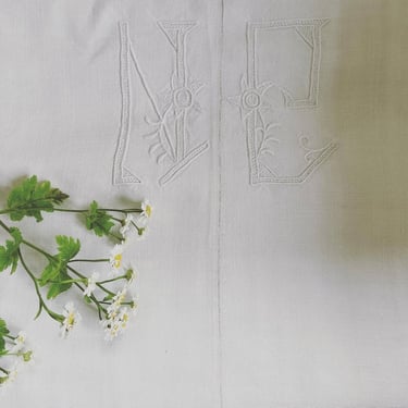 Beautiful vintage French pure white linen and  hemp sheet with initial NC 