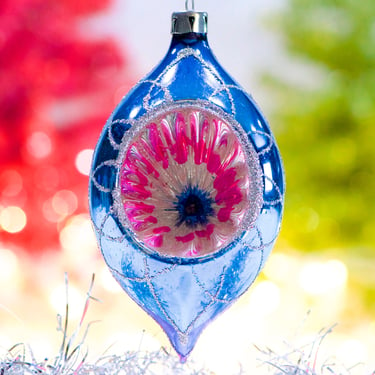 VINTAGE: Early Poland Indent Glass Ornament - Pink, Blue, Silver Ornament - Old Blown Ornament - Maid in Poland - SKU 30-402-00008697 