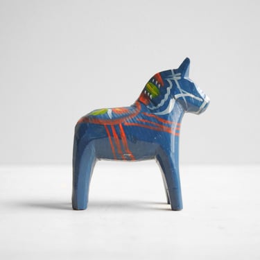 Vintage Small Blue Dala Horse from Sweden, Hand Painted Wood Dala Horse 