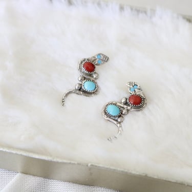 turquoise + coral sterling zuni serpent earrings 