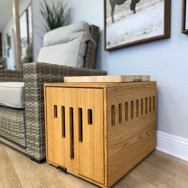 Modern Dog Crate Ready to Ship with flip up space saving door and cushion, Wood Kennel, handmade in USA 