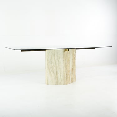 Ello Mid Century Travertine, Glass, and Brass Pedestal Dining Table - mcm 