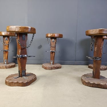 Vintage brutalist bar stools, set of 5 - 1960s - vintage wooden bar stools - brutalist stools - oak bar stools - vintage bar stools 