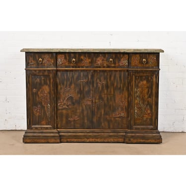 Maitland Smith Hollywood Regency Chinoiserie Marble Top Sideboard or Bar Cabinet