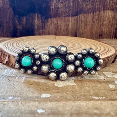 THREE BLUE FLOWERS Vintage 30s Brooch | 1930s Silver Floral Beaded Bar Pin Turquoise Color Beads | 1930s Southwestern Mexican Jewelry 