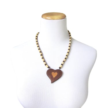 Vintage Wood Inlay Heart Pendant, Two-tone Wood Pendant and Bead Necklace, Boho Style Jewelry, Sweetheart, Cottagecore Necklace 