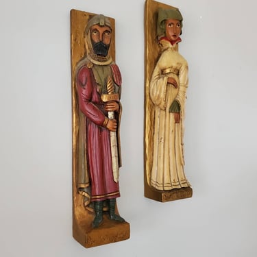 1960s El Cid and Doña Ximena Hand Carved Wood Wall Hangings - 60's Home Decor - 60s Wall Decor - Mid-century Decor 