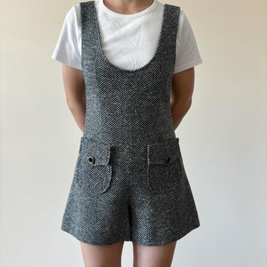 vintage rompers vintage jumpsuit shorts black white tweed union made minimalist capsule wardrobe 70s retro style size S 