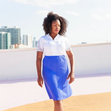 70s Royal Blue Knit Pencil Skirt Vintage High Waisted Jersey Pleat Skirt 