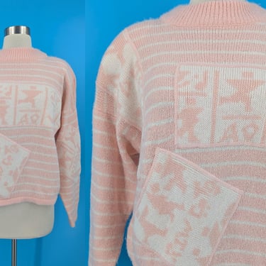Vintage Eighties Kitty Hawk Pink Striped Patchwork Pullover Sweater with Shoulder Pads - 80s Boxy Ski Sweater - Fits up to a Large 