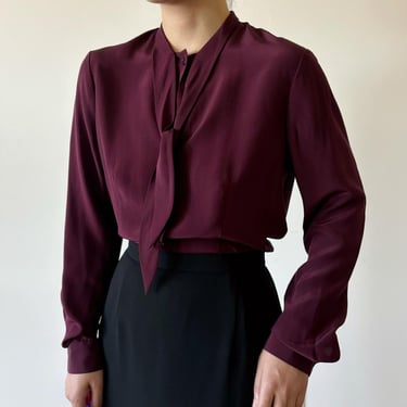 vintage silk blouse silk shirt silk top burgundy button down minimalist vintage style 90s retro tie neck capsule wardrobe size S/PM 
