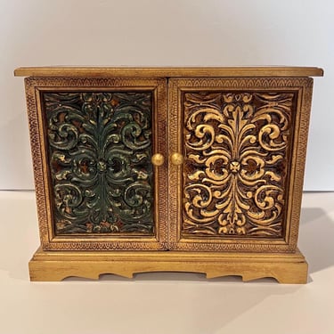 RARE Royal Sealy Jewelry Box, Japan Carved Wooden Jewelry Box , Ornate Gold and Green Scrollwork Small Organizer Vintage Quality Import 