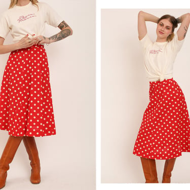 Vintage 1950s 50s High Waisted Starch Cotton Red Polka Dot Midi Skirt w/ Side Pockets, Metal Zipper, A-Line Silhouette 
