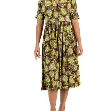 1940S Brown  Green  Dancing Ladies Novelty Print Dress 