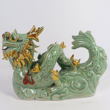 Vintage Ceramic Dragon - Green and Gold Ceramic Dragon 