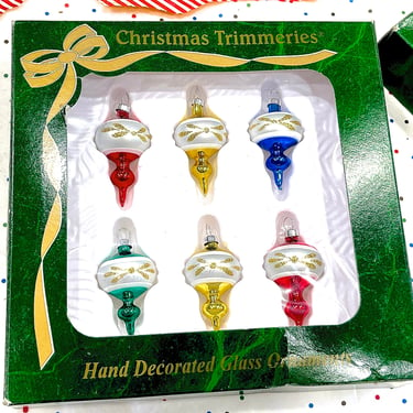 VINTAGE: 2000 - 6pcs Small Glass Ornaments in Box - Round and  Indent Christmas Trimmeries - Christmas Classics - Made in Mexico 