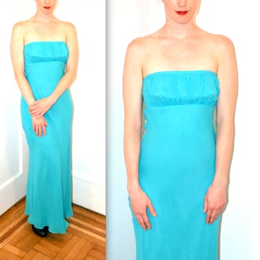 90s Prom Dress Blue Vintage Blue Evening Gown Size XS Small Turquoise Silk Nicole Miller// Vintage Strapless gown 90s long Dress Silk Aqua 