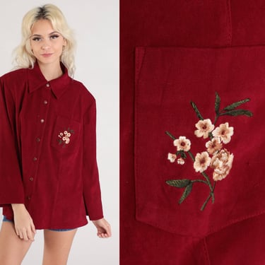 Red Faux Suede Shirt Floral Embroidered Button Up Shirt 80s Blouse Vintage Collared Plain Pocket Long Sleeve Velour Shirt Large 