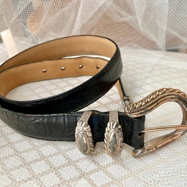 Croc Leather Belt, Brighton, Silver Tone Findings, Vintage 90s 00s 