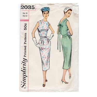 Vintage 1950s Simplicity Sewing Pattern 2035, Misses' Slim Skirt Dress, Princess Seam Bodice w/ Shoulder Slits, Size 12 Bust 32 