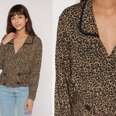 Leopard Print Blouse 90s Animal Print Shirt Double Breasted Button up Long Sleeve Top Collared V Neck Party Cheetah Vintage 1990s Large L 12 