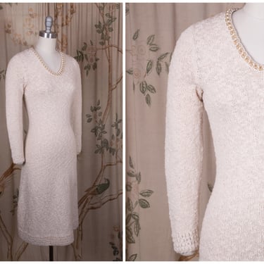 1950s Sweater Dress -  Classic Vintage 50s Knit Dress in Cream Colored Wool Boucle with Added Necklin Trim 