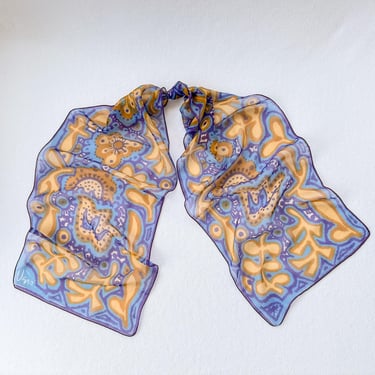 1970's Vintage Vera Scarf Sheer Rectangle Scarf Blue Brown Scarf for Neck Tie for Handbag Charm Vintage Floral Scarf Gift for Woman 