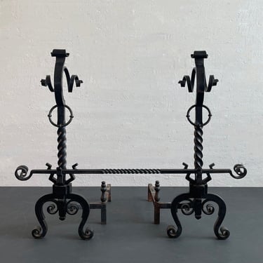 Arts And Crafts Three Piece Wrought Iron Andirons Set