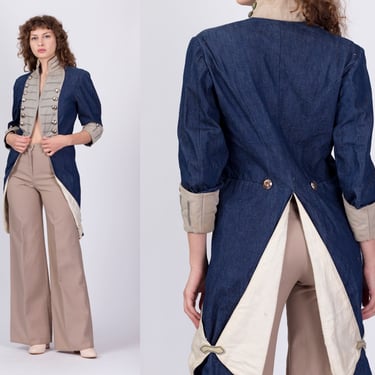 1800s Costume Denim Military Tailcoat - Extra Small | Vintage Uniform Fitted Waist Swallowtail Claw Hammer Coat 