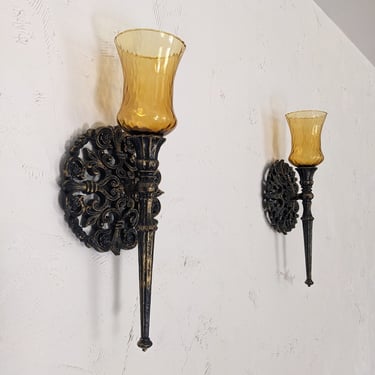 Pair of Vintage Retro Homco Amber Glass Wall Sconces 