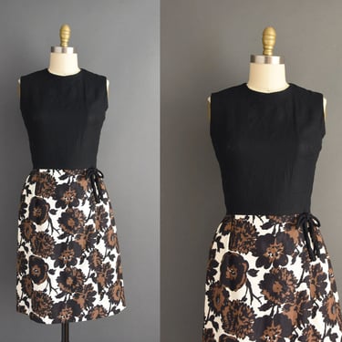 1960s dress | Black & Brown Floral Print Cotton Day Dress | Medium | 60s vintage dress 