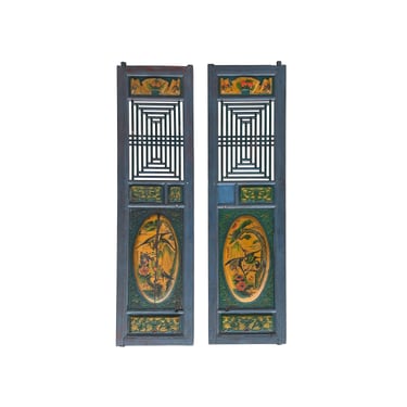 Pair Vintage Chinese Teal Blue Yellow Fujian Style Graphic Wood Wall Door Panels cs7836E 