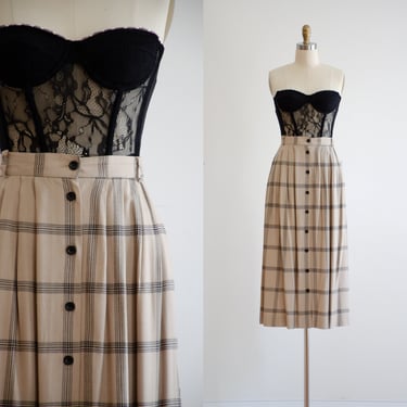 plaid midi skirt 90s vintage Orvis beige black plaid button down skirt 