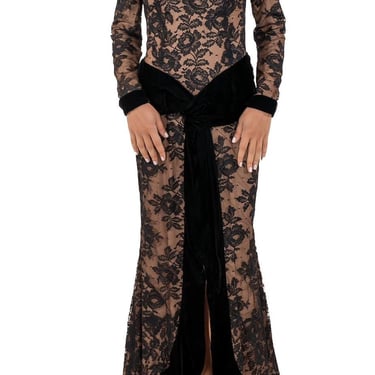 1990s Black Semi-Sheer Chantilly Lace & Velvet Long Sleeve Off The Shoulder Trained Gown 