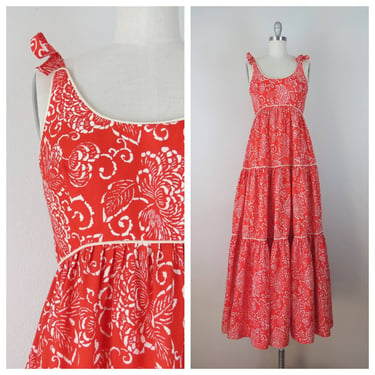 Vintage 1970s Victor Costa dress, floral maxi, cotton, red, sundress 