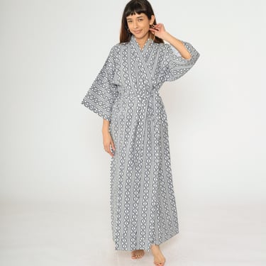 70s Kimono Maxi Robe Blue Geometric Striped Print Long Open Front Jacket Japanese Full Length Boho Vintage 1970s Medium Extra Large M L XL 