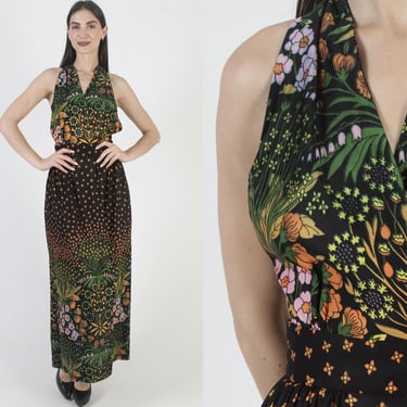 Black Floral Halter Dress, Prairie Garden Maxi, Vintage 70s Backless Sundress, Long Full Skirt 