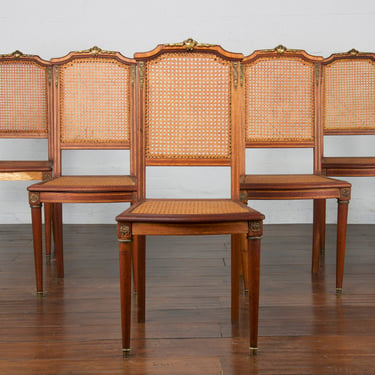 Antique French Louis XVI Style Mahogany Cane Dining Chairs - Set of 5 