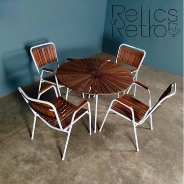 Four Daneline BKS Garden Stacking Chairs & Folding Sunburst Table Danish Teak Mid Century Vintage Retro MCM 