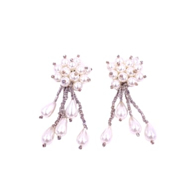 Vintage White Beaded Cluster Pearl Drop Clip On Earrings 