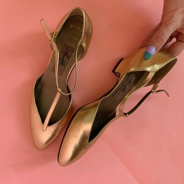 Vintage 80s Italian Leather Metallic Gold Shoes 