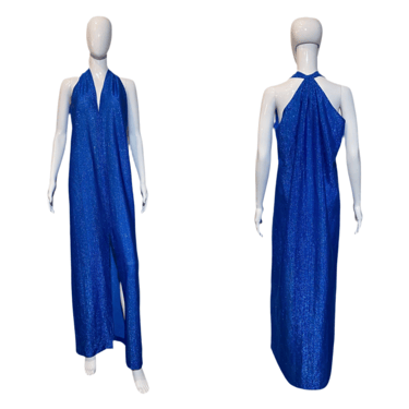 1970's "Halston IV" Metallic Blue Lamé Grecian Evening Gown - One Size