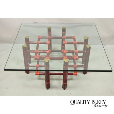 Vintage McGuire Red Rattan Bamboo and Brass Glass Top Square Coffee Table