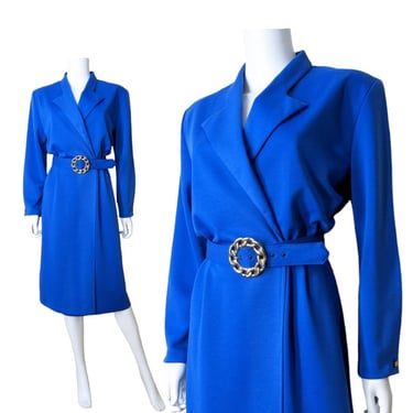 Vintage Royal Blue Belted Dress, Large Petite / Royal Blue Faux Wrap Dress / Appleseeds Knit Work Dress 