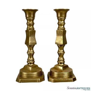 Vintage Traditional Brass Etched Floral Candlestick Holders - A Pair