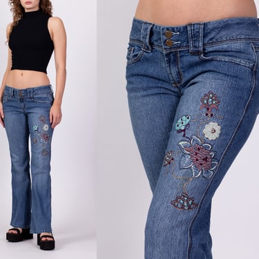 Y2K Floral My Michelle Low Rise Jeans - Small  | Vintage Bootcut Faded Distressed Denim 2000s Jeans 