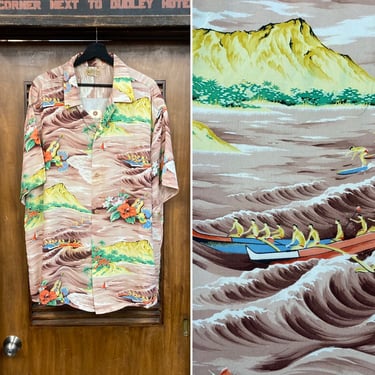Vintage 1950’s Size XXL Tropical Surfer Ukelele Tiki Rayon Hawaiian Shirt, 50’s Loop Collar, Vintage Clothing 