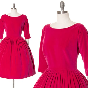 Vintage 1950s 1960s Party Dress | 50s 60s Velvet Hot Pink Fuchsia Fit and Flare Three Quarter Sleeve Full Skirt Formal Dress (medium) 